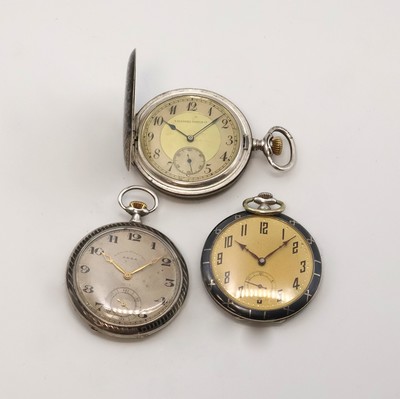 3 Tula-Taschenuhren, Schweiz um 1920, 2 x offen, 1 x Savonette, Tula teilw. fehlend, Metallzifferbl. m. arab. Zahlen, kl. Sek. bei 6, Ankerwerke (1 x ...