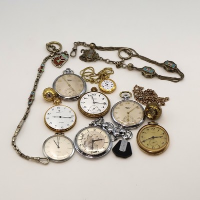 8 offen Taschenuhren, 2 Kugeluhren und 2 Ketten, Schweiz um 1910 bis 1990, vernickelte/vergoldete Gehäuse, 9 x Handaufzug, 1 x quarz, Marken wie: ...