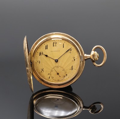 MOVADO Savonette Herrentaschenuhr in RG 585/000, Schweiz um 1930, floral graviertes 3-Deckel Goldgeh., verg. Metallzifferbl. strahlen-guill., kl. ...