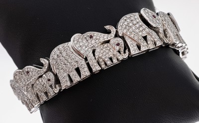 Platin Brillant-Rubin-Armband "Elefanten", Pt, schwere qualitätvolle Verarbeitung, Glieder in Form von gr. und kl. Elefanten, Brillanten ...