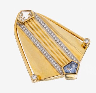 18 kt Gold Saphir-Brillant-Anhänger, GG/WG 750/000, 1 Saphir im Fantasieschliff ca. 1.10 ct, 1 l. gelber Saphir im Fantasieschliff ca. 1.20 ct, 48 ...