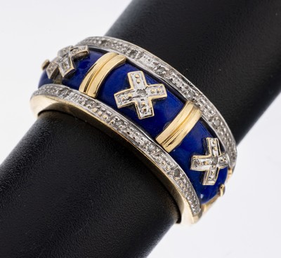 14 kt Gold Diamant Email Ring, GG/WG 585/ 000, königsblaues Email, 13 8/8-Diam. zus. ca.0.07 ct Weiß/p, ca. 6.6 g, RW 60