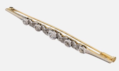 14 kt Gold Diamant-Brosche, GG/WG 585/000, 5 Altschliffdiamanten zus. ca. 0.50 ct Weiß- light yellow/p, 20 weitere Altschliffdiamantenund ...