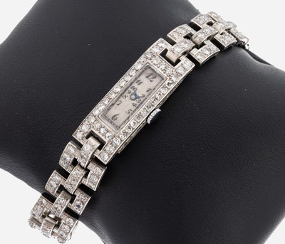 18 kt Gold Art Deco Diamant-Damenschmuckuhr, 1936, WG 750/000, Altschliffdiamanten, Brillanten und 8/8-Diamanten zus. ca. 3.90 ct ...