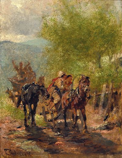 Carl Suhrlandt, 1828 Ludwigslust-1919 Kochel am See, bäuerlicher Wagenzug mit Pferden, vorderer Wagen mit poussierendem Paar, Öl/Lwd links unten ...