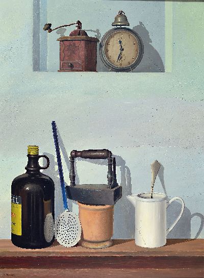 Zbigniew Wozniak, geb. 1959 Swidnik/Polen, Küchenstillleben im Stil eines Trompe-l'oeil, links unten signiert, Öl/Lwd, 80x60 cm, Rahmen 92x71 ...