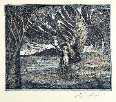 Ernst Fuchs, 1930-2015 Wien, Radierung, "Leda und der Schwan", e/a, handsigniert, Platte 39,5x48,5 cm, unter Glas gerahmt 71x74 cm