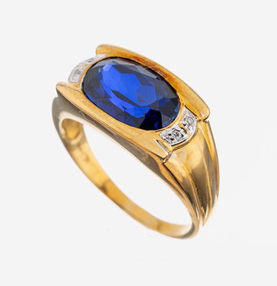 18 kt Gold Farbstein-Diamant-Ring, GG 750/000, ovalfacett. saphirfarb. Synthese, 4 8/8-Diamanten in rhod. Fassungen zus. ca. 0.02 ct Weiß/p, RW 60, ...