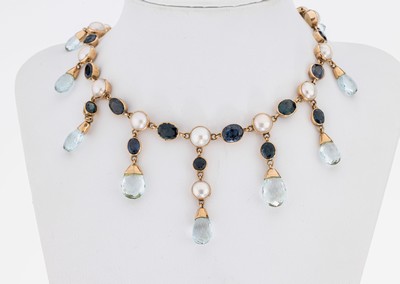 18 kt Gold Farbstein-Aquamarin-Perl-Collier, GG 750/000, 13 ovalfacett. synth. Spinelle,9 facett. Aquamarintropfen als bewegl. Abhängung, ...