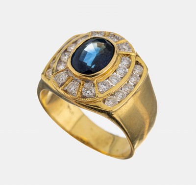 18 kt Gold Saphir-Brillant-Ring, GG 750/000, ovalfacett. Saphir ca. 2.20 ct, 24 Brillanten zus. ca. 0.96 ct feines Weiß -Weiß/si, RW 60, ca. 12.7 g