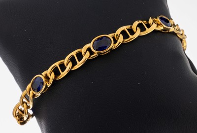 18 kt Gold Farbstein-Armband, GG 750/000, 6ovalfacett. saphirfarb. Synthesen, L. ca. 18 cm, Kastenschloss mit Sicherheitsacht und ...