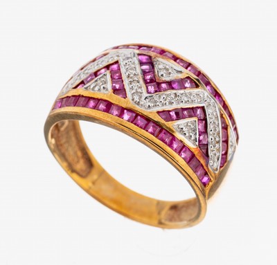 18 kt Gold Rubin-Diamant-Ring, GG 750/000, 61 Rubincarrees zus. ca. 1.30 ct, 21 8/8- Diamanten zus. ca. 0.10 ct Weiß-l.get.Weiß/p, RW 62, ca. 7.2 g