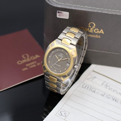 OMEGA Seamaster Polaris Armbanduhr in Titan Referenz 196.0291/396.0981, Schweiz um 1990, quarz, Geh. Gold-intarsiert, orig. Gliederband m. dopp. ...