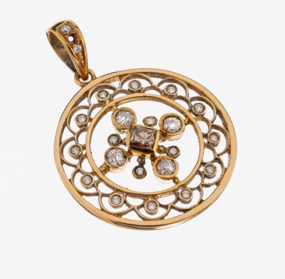 14 kt Gold Diamant-Anhänger, GG 585/000, nach älterem Vorbild, mittig Princess Cut Diamant ca. 0.25 ct Braun/si, 22 Brillanten, ...