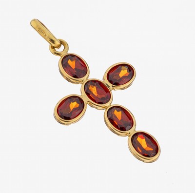 18 kt Gold Kreuzanhänger, GG 750/000, facett. granatfarb. Glassteine, ca. 4.6 x 2.5 cm, ca. 4.0 g