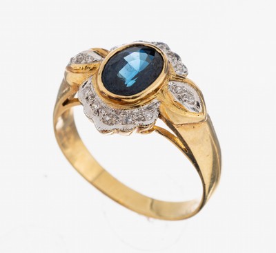 14 kt Gold Saphir-Diamant-Ring, GG 585/000,ovalfacett. Saphir ca. 1.60 ct, 14 8/8-Diamanten zus. ca. 0.07 ct Weiß/p, RW 55, ca. 4.6 g