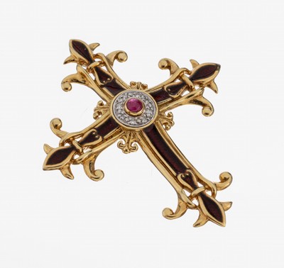 14 kt Gold FABERGE NEW YORK Rubin-Brillant -Email-Kreuzanhänger, GG/WG 585/000, mittigRubincabochon ca. 0.10 ct, 8 in WG gefasste Brillanten zus. ...