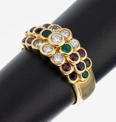 14 kt Gold Brillant-Rubin-Saphir-Smaragd-Ring, GG 585/000, Aufbau in mehreren Ebenen, 7 Brillanten zus. ca. 0.48 ct feines Weiß -Weiß/si, 6 ...
