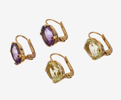 Konvolut 2 Paare 14 kt Gold Farbstein- Ohrhänger, GG 585/000, 1 x 2 ovalfacett. Amethyste zus. ca. 3.50 ct, und 1 x 2 ovalfacett. Citrine zus. ca. ...