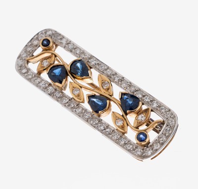 14 kt Gold Saphir-Diamant-Brosche, GG/WG 585/000, floral, 4 Saphir-Tropfen und 2 rundfacett. Saphire zus. ca. 0.60 ct, 49 8/8-Diamanten zus. ca. ...