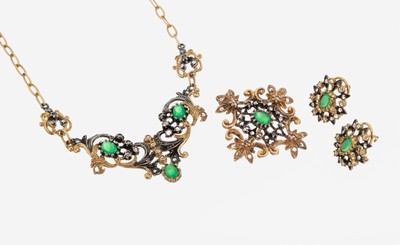 Farbstein-Diamant-Schmuckset, 925er Silber teilverg., nach älterem Vorbild, best. aus: 1 Collier, L. ca. 46 cm, Federringschließe, 1 Paar ...