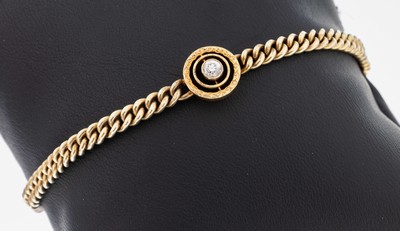 14 kt Gold Brillant-Armband, GG 585/000, kreisf. Element, Brillant ca. 0.10 ct Weiß/si,L. ca. 19 cm, Kastenschloss mit 2 Sicherheitsachten, ca. ...