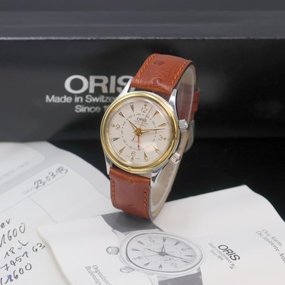 ORIS auf 1.600 Stück limitierter Armbandwecker Referenz 418-7451-63, Handaufzug, Stahlgeh. inkl. orig. Lederband m. orig. Dornschl., Gold-Lünette, ...
