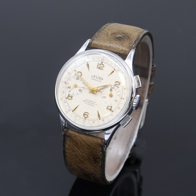 LA LEUBA Armbandchronograph, Handaufzug, Schweiz um 1954, verchr. Gehäuse, Glasrand und Stahlboden aufgedr., vers. Strukturzifferblatt, Außenskalen ...