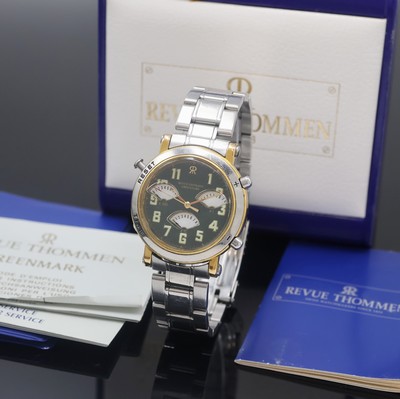 REVUE THOMMEN Greenmark Armbanduhr mit Golf- Spielzähler, Schweiz um 1995, z. T. verg. Geh. inkl. orig. Gliederband m. Faltschl., Stahlboden und ...