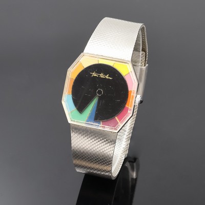 CHROMACHRON / TIAN HARLAN Armbanduhr mit ausgefallener Anzeige, Schweiz um 1975, Handaufzug, Edelstahlgeh. inkl. integr. Stahlband, Schmuckkrone, ...