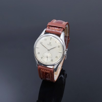 OMEGA Armbanduhr Referenz 2503-5, Schweiz um 1950, Handaufzug, Edelstahlgeh., Boden aufgedr., silb. Zifferbl. rest./pat., arab. Zahlen, silb. Zeiger, ...