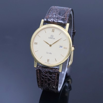 OMEGA De Ville Armbanduhr in GG 750/000 Referenz 196.2379, Schweiz um 1990, quarz, Boden aufgedr., cremefarb. Zifferbl. m. gold. Std.-Ind. u. röm. ...