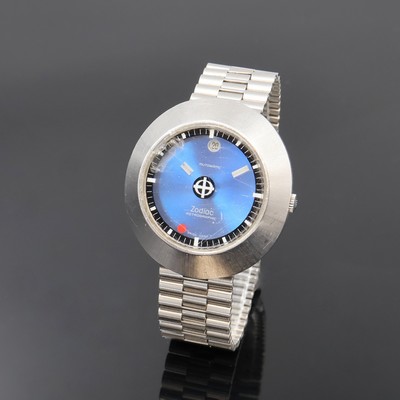 ZODIAC Astrographic Herrenarmbanduhr mit mysteriöser Anzeige in Stahl, Schweiz um 1970, Automatik, Boden geschr., Zodiac NSA Stahlband, blaues ...