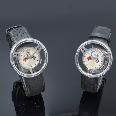 2 Armbanduhren in Form eines Lenkrades, Schweiz 1960er Jahre, Handaufzug, verchromte stilisierte Gehäuse, silb. Zifferbl. bezeichnet Mercedes Benz ...
