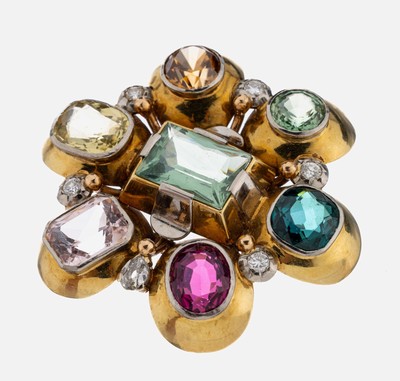 Ausgefallene 14 kt Gold Farbstein-Diamant- Blüten-Brosche, deutsch 1950er-60er Jahre, GG/WG 585/000, qualitätvolle Goldschmiedearbeit, 7 facett. ...