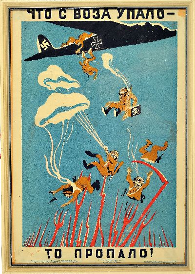 Sowjetisches Propagandaplakat, Entw. Boris Ivanovic Prorokov (1911-1972), Moskau/Leningrad 1941, Typo-Lithographie, "Was vom Fuhrwagen gefallen ...