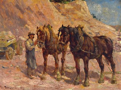 Willi Heinrich Burger-Willing, 1882 Köln-1966 Düren, zwei Arbeitspferde im Steinbruch, Öl/Lwd, links unten signiert, ca. 60x80cm, R. ca. 84x104cm