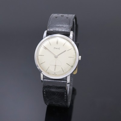 PIAGET seltene Armbanduhr in Stahl Referenz 10821, Schweiz 1960er Jahre, 3-teil. Geh., Boden und Glasrand aufgedr., silb. Zifferbl. m. aufgel. ...