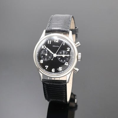 ZENITH seltener Military Schaltradchronograph in Stahl, Schweiz 1950er Jahre, Handaufzug, Boden verschr., schwarzes Kontrastzifferbl. rest., vers. ...
