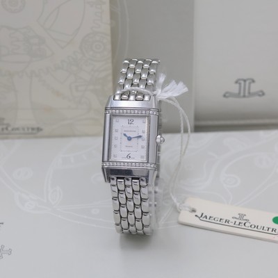 Jaeger-LeCoultre Reverso Damenarmbanduhr in Stahl mit Brillanten Referenz 265.882.006, quarz, um 180 Grad drehbares Wendegehäuse inkl. orig. ...