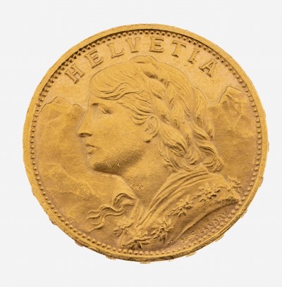 Goldmünze 20 Franken, Schweiz, 1935, sogn. Vreneli, Helvetia