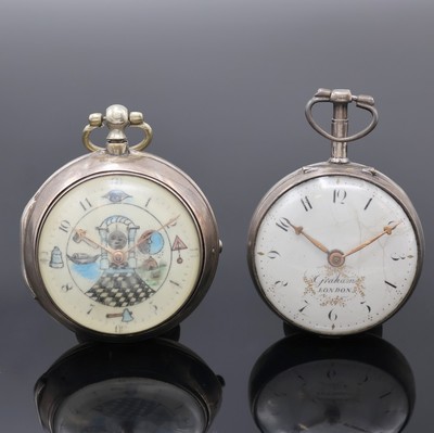 GRAHAM LONDON und TRUEMAN 2 offene Spindeltaschenuhren in Silber, England um 1820, glatte Gehäuse dell., 1x m. Übergeh., Emailzifferblätter ...