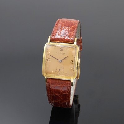 ULYSSE NARDIN viereckige Armbanduhr in GG 750/000, Schweiz um 1940, Handaufzug, Boden aufgedr., gold. Zifferbl. m. gold. Std.-Ind. u. schwarzen arab. ...