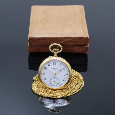 ALEX HÜNING offene Damentaschenuhr in GG 750/000 mit Kette in GG 585/000, Schweiz um 1910, glattes Geh., Metallcuvette, Emailzifferbl. m. ...