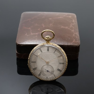 BERTHOUD & BROTHERS Paris offene Taschenuhr in GG 750/000, Schweiz um 1830, Schlüsselaufzug, guill. u. grav. Geh., Metallcuvette, silb. Zifferbl. m. ...