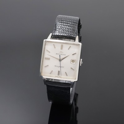 MOVADO Kingmatic viereckige Armbanduhr in Stahl, Schweiz um 1965, Automatik, Boden aufgedr., silb. Zifferbl. m. aufges. Std.- Ind., silb. Std.- u. ...