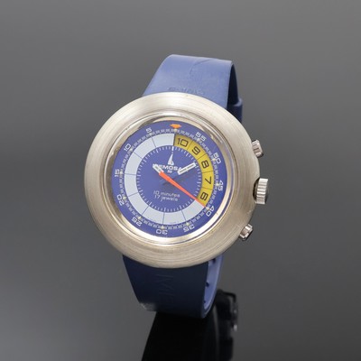 MEMOSAIL Regatta-Chronograph im verchromten Gehäuse, Schweiz um 1975, Handaufzug, orig. Kautschukband m. Stiftschl., Stahlboden verschr., blaues ...
