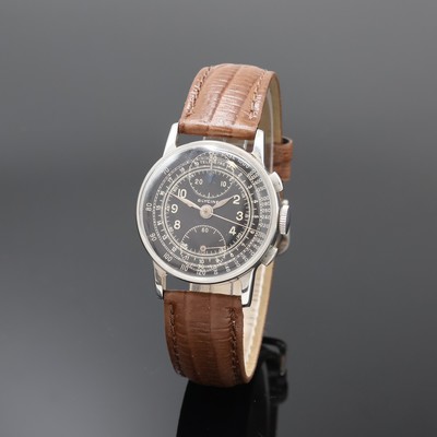 GLYCINE Armbandchronograph mit Schaltrad in Stahl, Schweiz um 1940, Handaufzug, Boden u. Glasrand aufgedr., schön erhaltenes schwarzes ...