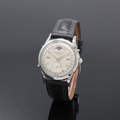 RECORD WATCH Datofix Herrenarmbanduhr mit Vollkalender und Mondphase, Schweiz 1940er Jahre, Handaufzug, Edelstahlgeh., Boden verschr., Korrekturdr. ...