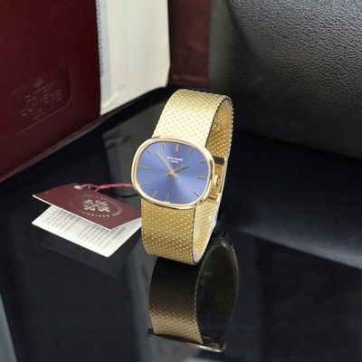 PATEK PHILIPPE Ellipse Armbanduhr in GG 750/000 Referenz 3545/1, Schweiz verk. lt. beil. Pap. 09/1972, Handaufzug, orig. PPC Gay Freres Goldband, ...